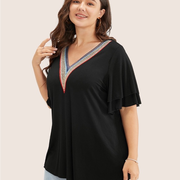 Bloomchic 1X Solid Crochet Lace Ruffle Tiered Sleeve V Neck T-shirt NWT - Picture 6 of 14